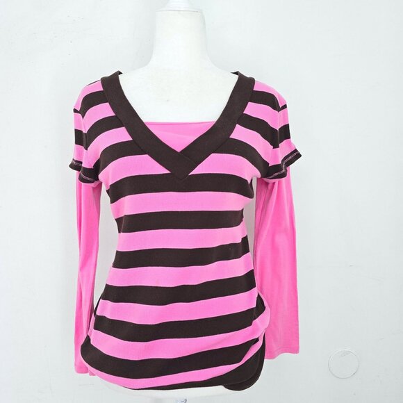 Vintage 90s Y2K Pink Brown VNeck Overlay Ribbed Long Sleeve Top KIds 14/16 Women - Picture 3 of 7